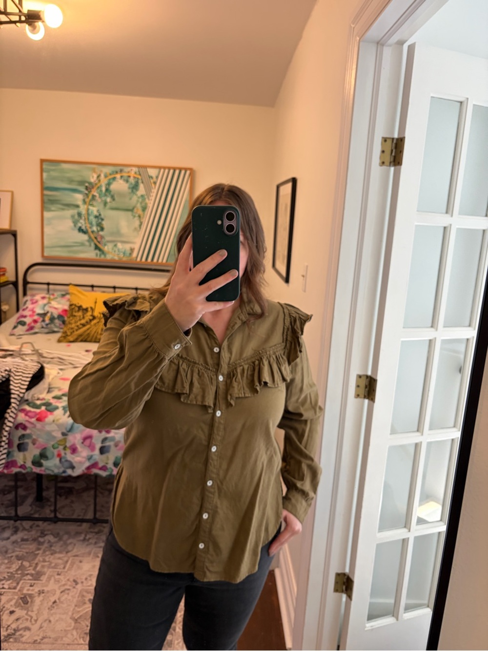 Anthropologie Olive Ruffle-Trim Button Down Shirt